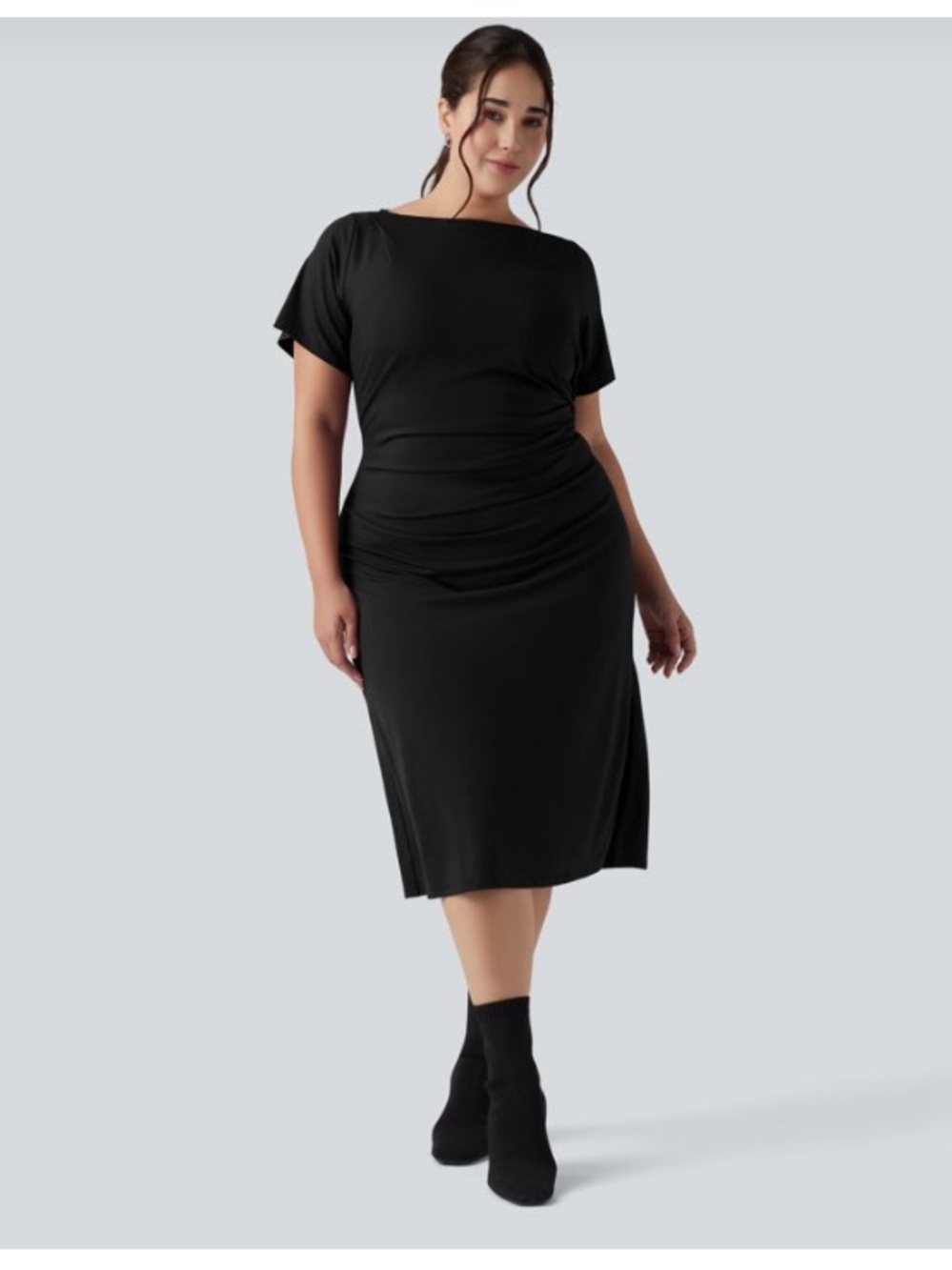 HALARA Black Ruched split work Midi Dress